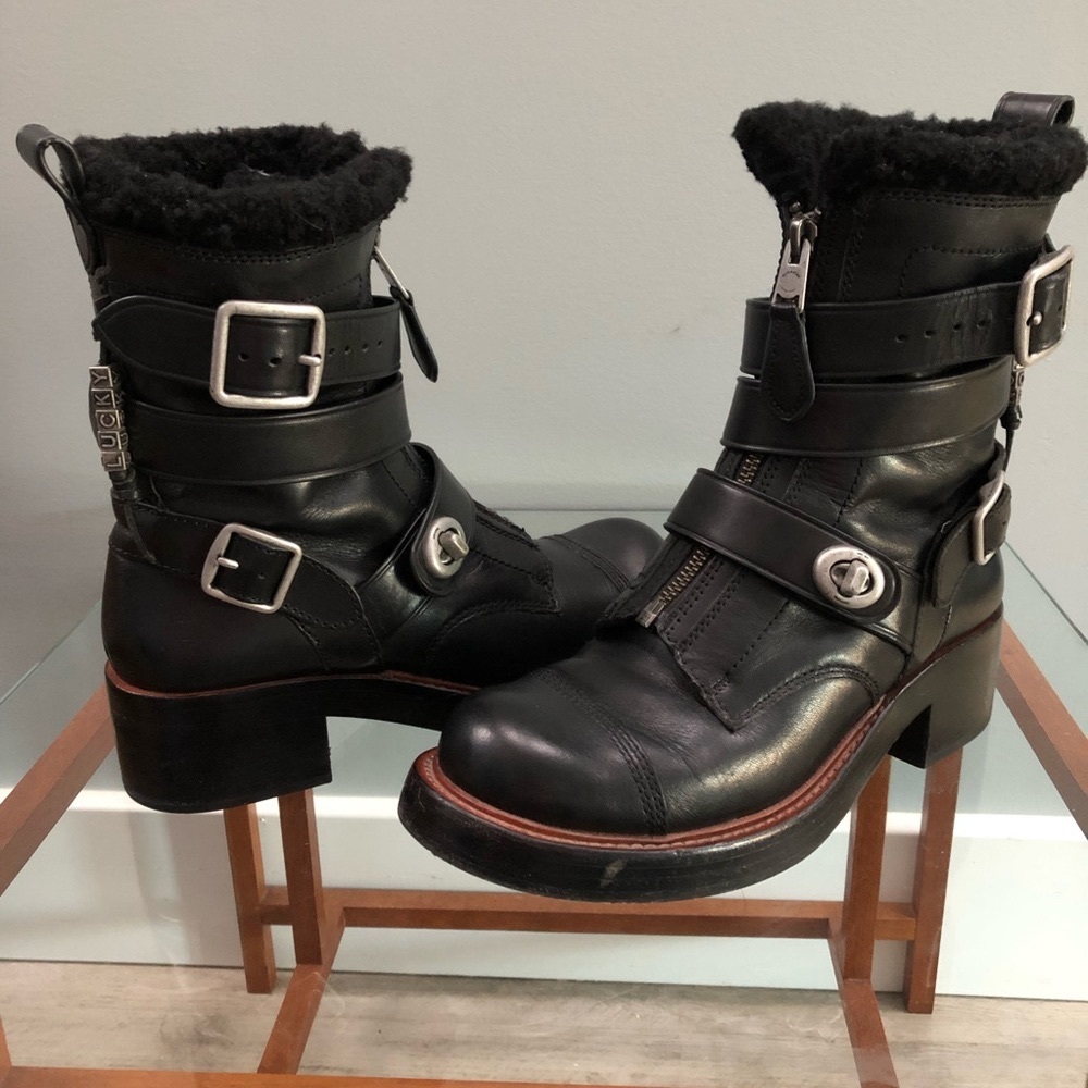 COACH zip moto leather+shearling boots - black interior